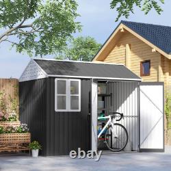 8' x 6' Outdoor Metal Garden Storage Shed with 2 Doors, Window, Sloped Roof