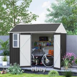 8' x 6' Outdoor Metal Garden Storage Shed with 2 Doors, Window, Sloped Roof