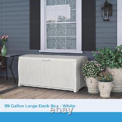 99 Gallon Heavy Duty Resin Wicker Horizontal Outdoor Deck Box, White