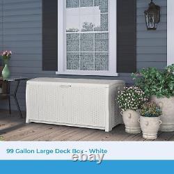 99 Gallon Heavy Duty Resin Wicker Horizontal Outdoor Deck Box, White
