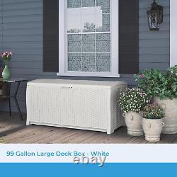 99 Gallon Heavy Duty Resin Wicker Horizontal Outdoor Deck Box, White