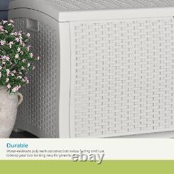 99 Gallon Heavy Duty Resin Wicker Horizontal Outdoor Deck Box, White