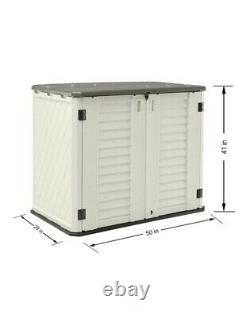 Outdoor Garden Storage Shed, Plastic and Horizontal, Gray, Beige, and Black
