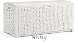 Suncast 99 Gallon Heavy Duty Resin Wicker Horizontal Outdoor Deck Box, White