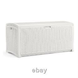 Suncast 99 Gallon Heavy Duty Resin Wicker Horizontal Outdoor Deck Box, White