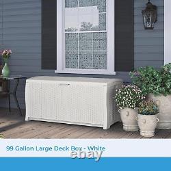 Suncast 99 Gallon Heavy Duty Resin Wicker Horizontal Outdoor Deck Box, White