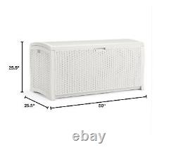 Suncast 99 Gallon Heavy Duty Resin Wicker Horizontal Outdoor Deck Box, White