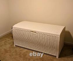 Suncast 99 Gallon Heavy Duty Resin Wicker Horizontal Outdoor Deck Box, White
