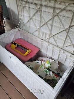 Suncast 99 Gallon Heavy Duty Resin Wicker Horizontal Outdoor Deck Box, White
